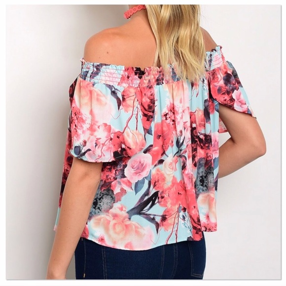 Aqua and Coral Floral Off Shoulder Top - Picture 3 of 3